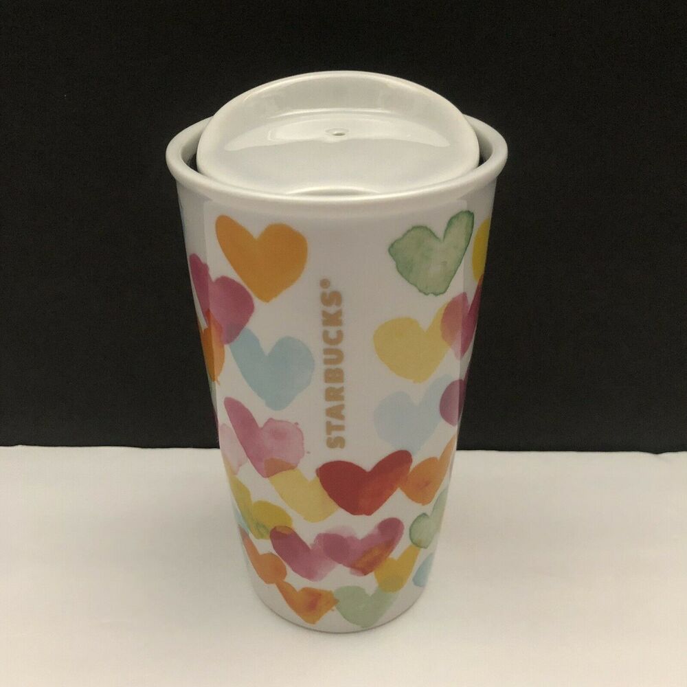 Starbucks 2015 Multicolor Watercolor Hearts Dot 10 Oz Ceramic Tumbler Cup Mug